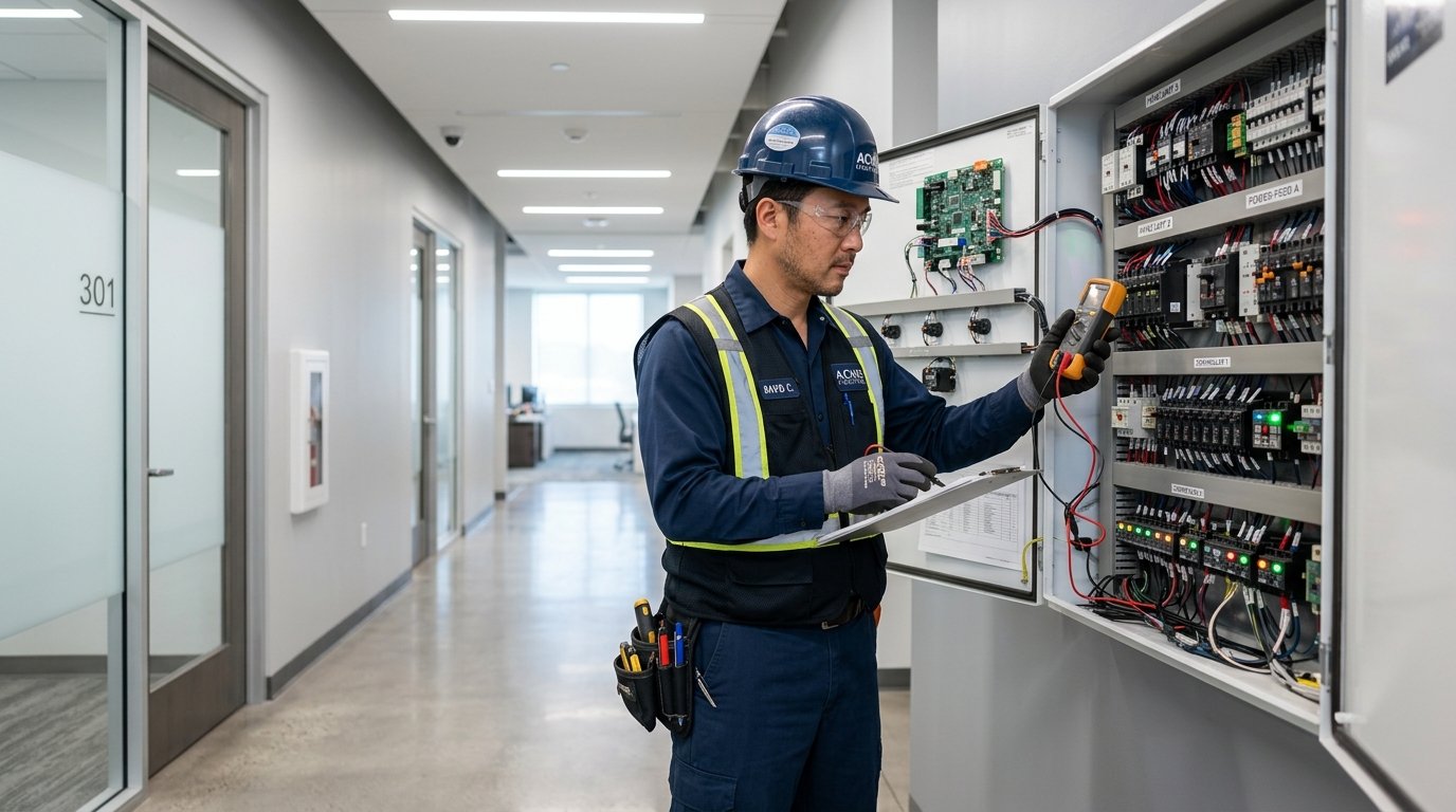 Facility maintenance technician inspecting electrical control systems