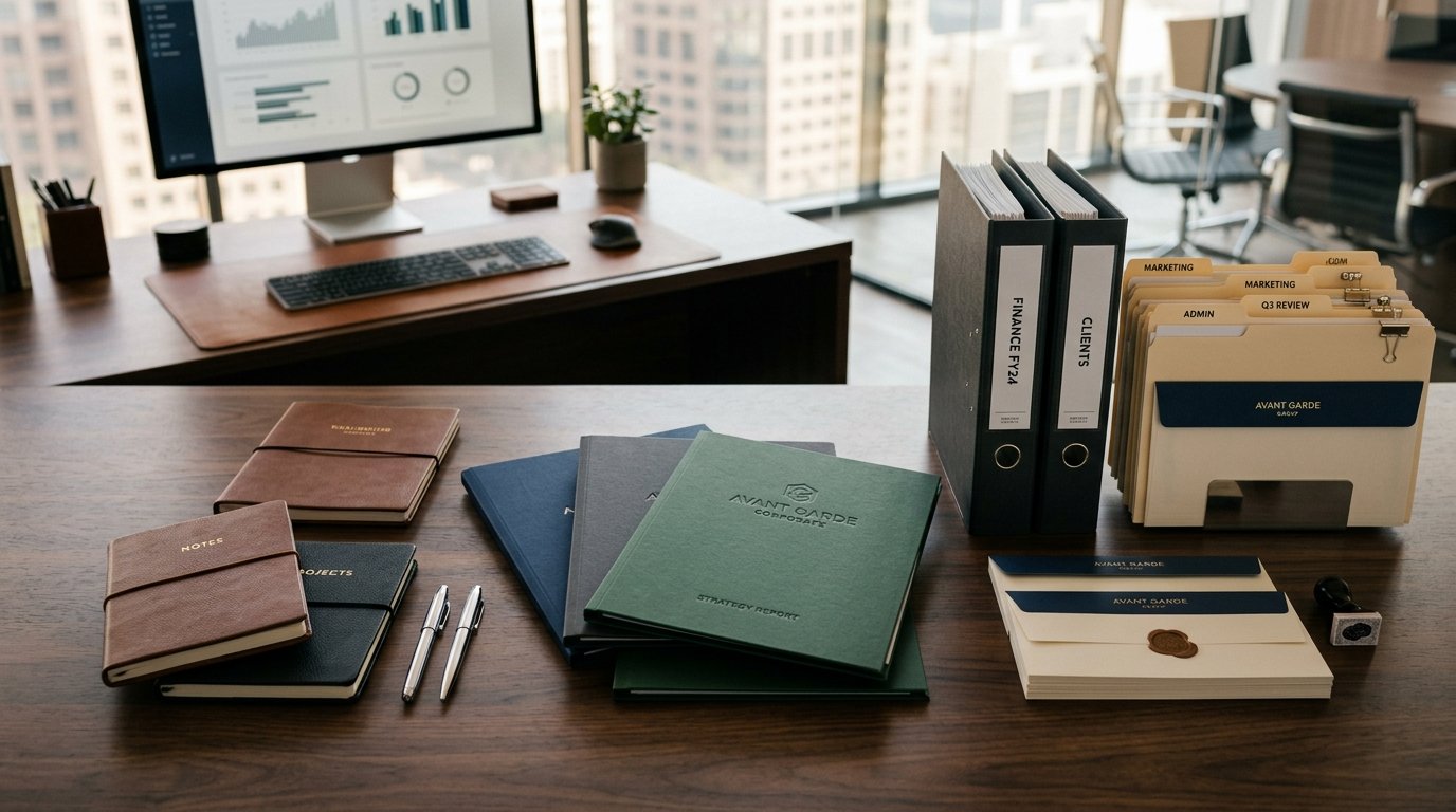 Corporate stationery, document folders, ring binders and notebooks arranged on an executive desk